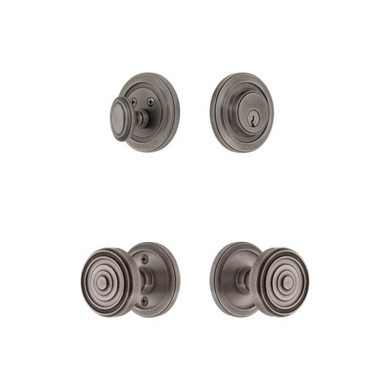 Ensemble de rosette d'entrée Grandeur avec bouton Soleil en étain antique, 2.375", Antique Pewter