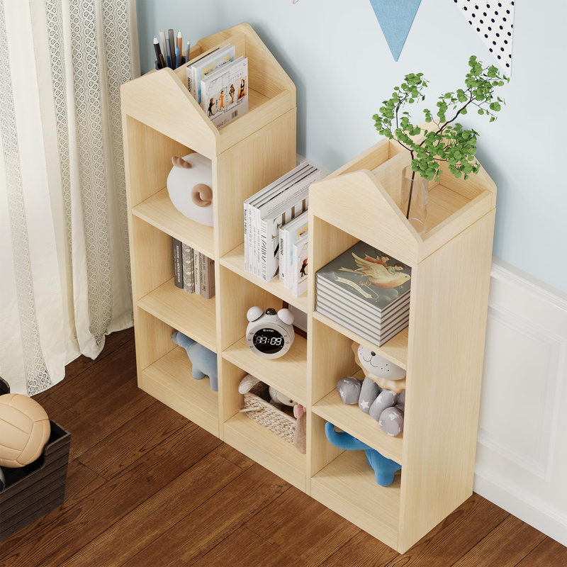 8-Cubby Kids Toy Storage Organizer, Natural Wooden Bookshelf with Roof Design for Playroom, Nursery & Classroom