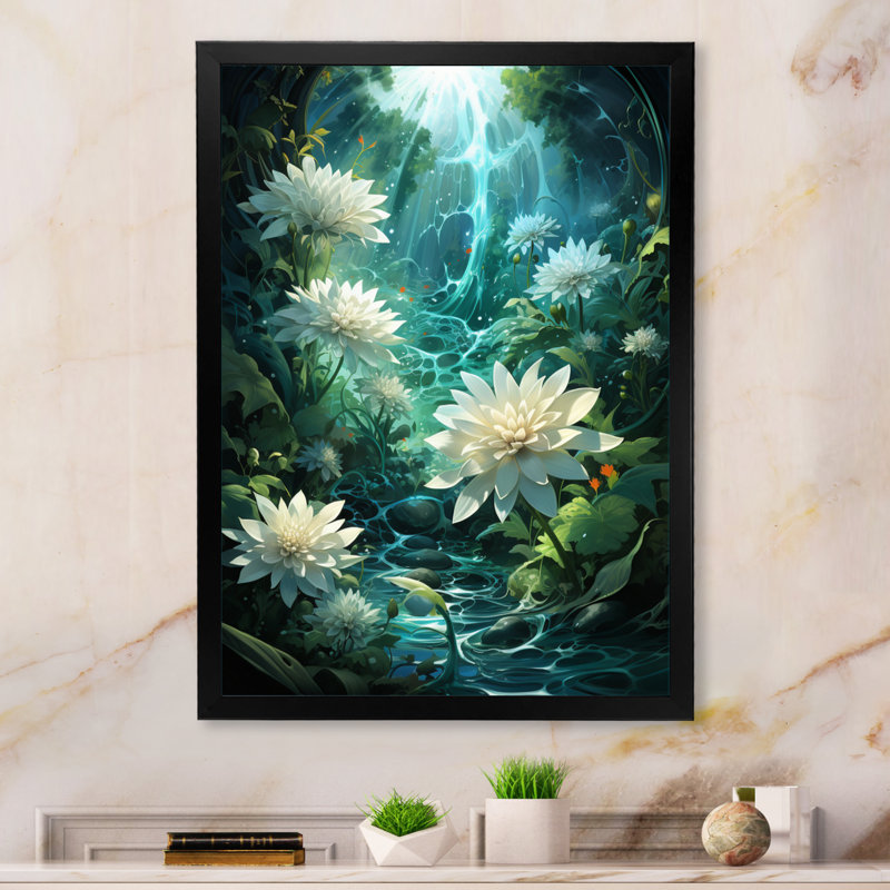 Beige sarcelle abstrait fractal fractal vortex, Cadre photo noir, H 40 po x l 30 po x P 1,5 po