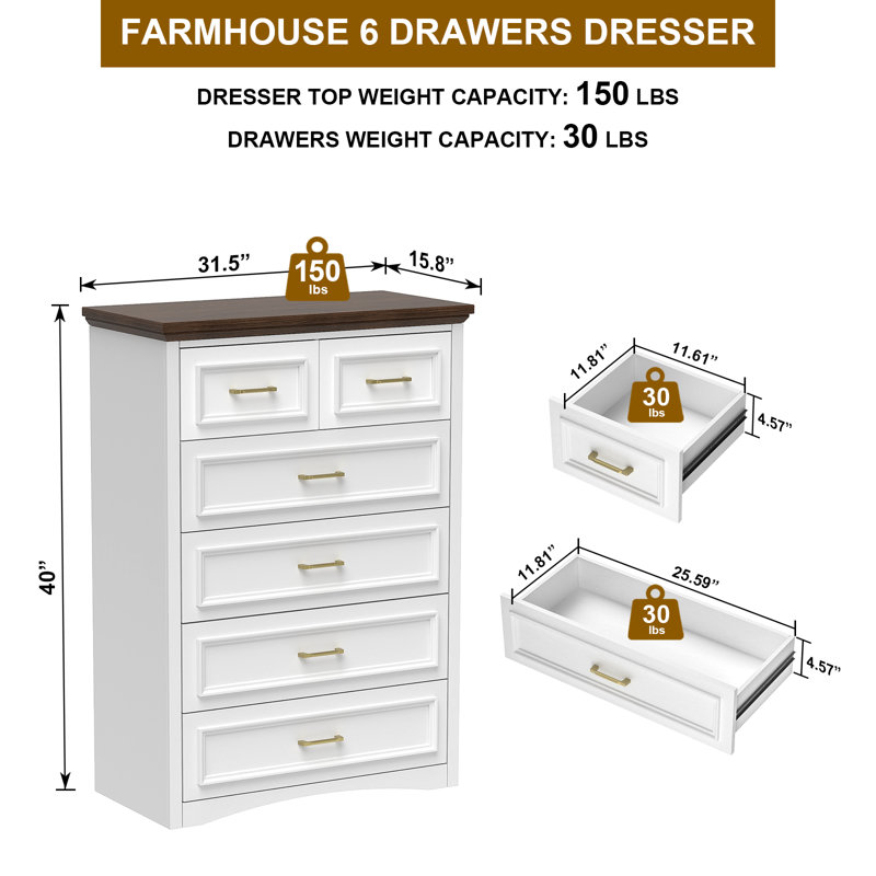 Commode 40 "à 6 tiroirs pour chambre à coucher brun et blanc, Brown/White