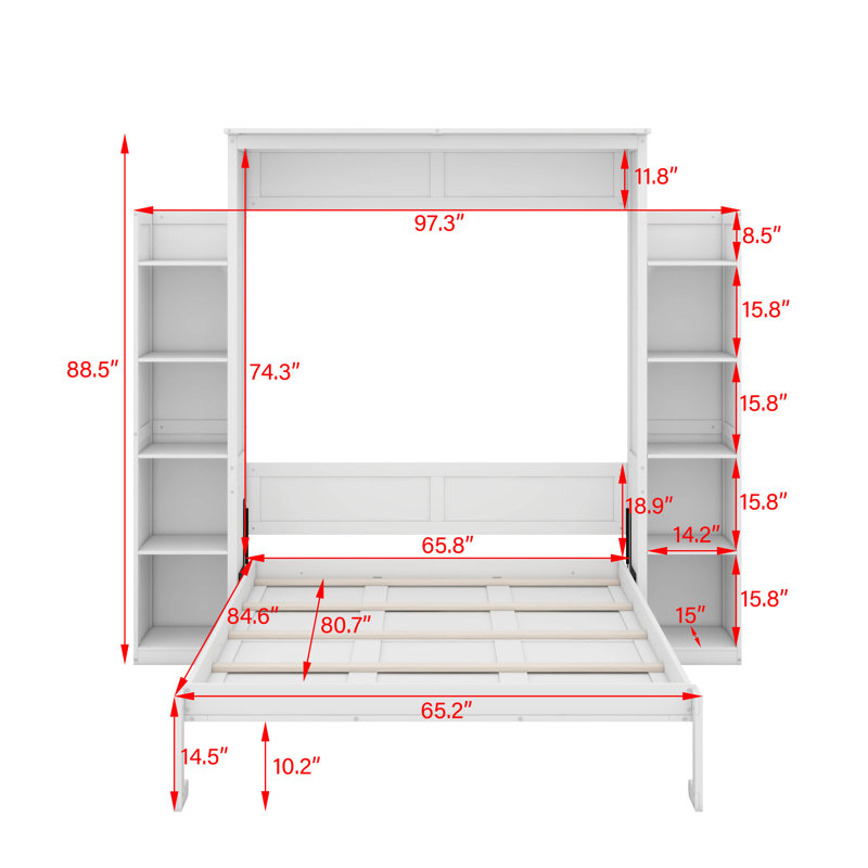 Grand lit escamotable avec tablettes et DEL, Blanc