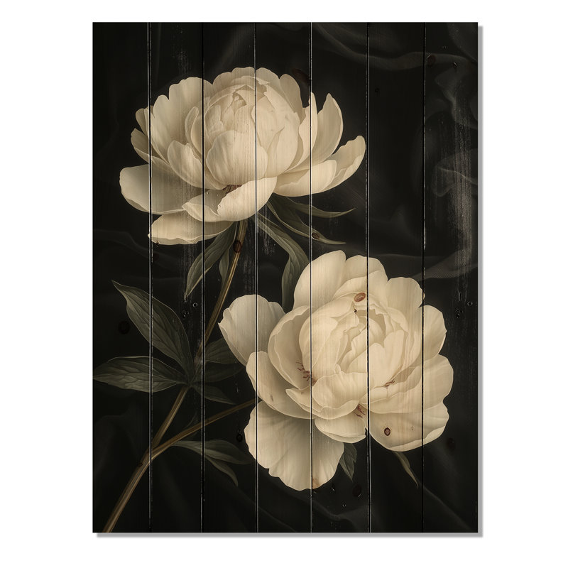 Pivoines en posture rétro en soie noire - Art mural en bois pivoines - sur bois de pin naturel, H 20 po x l 10 po