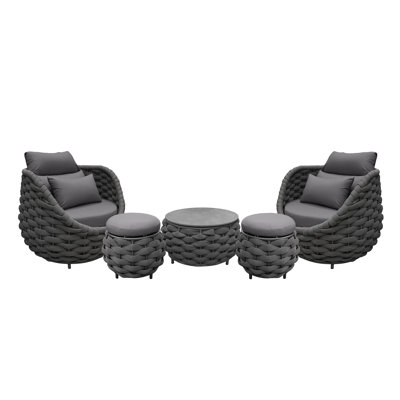 2-person Outdoor All-weather Wicker Conversation Set With Ottomans And Coffee Table