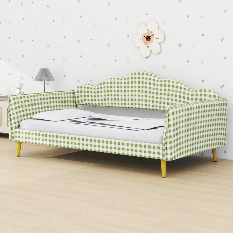 Structure de lit de jour robuste avec pieds en métal et revêtement en vichy avec tête de lit et accoudoirs, Green
