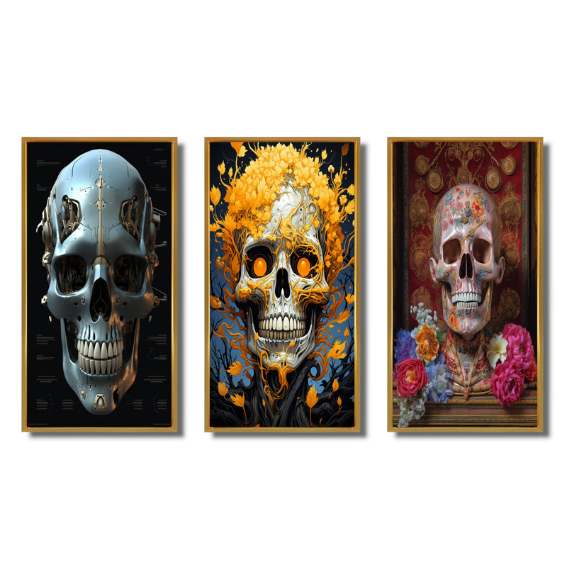 «Happy Cyborg Skull» - ensemble de 3 pièces sur toile, Encadrement doré, H 48 po x l 32 po