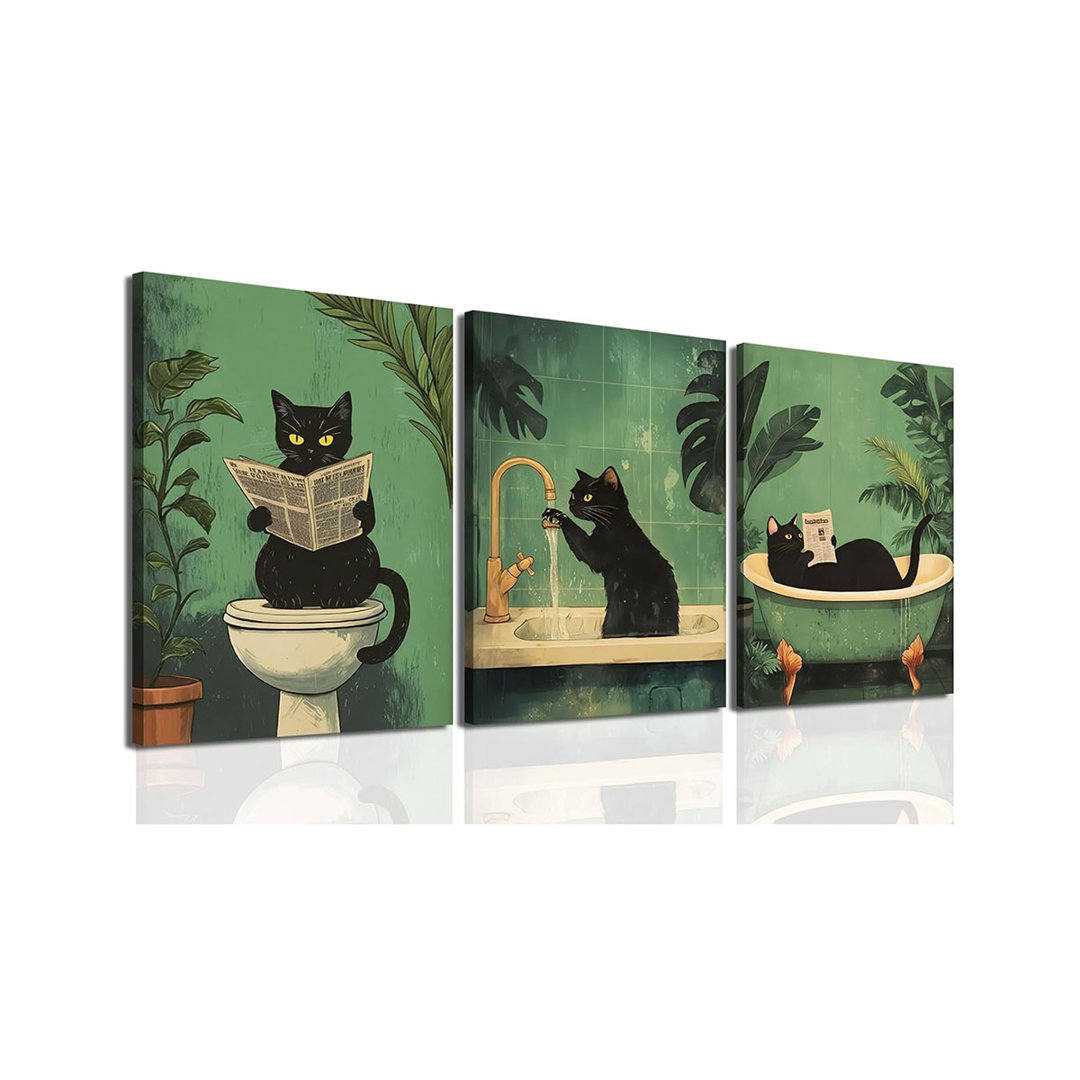 Funny Bathroom Black Cat Wall Art Set Of 3, Whimsical Animal Bathroom Wall Decor Painting Maximalist Quirky Dark Pet Cat Toilet Canvas Poster Prints A