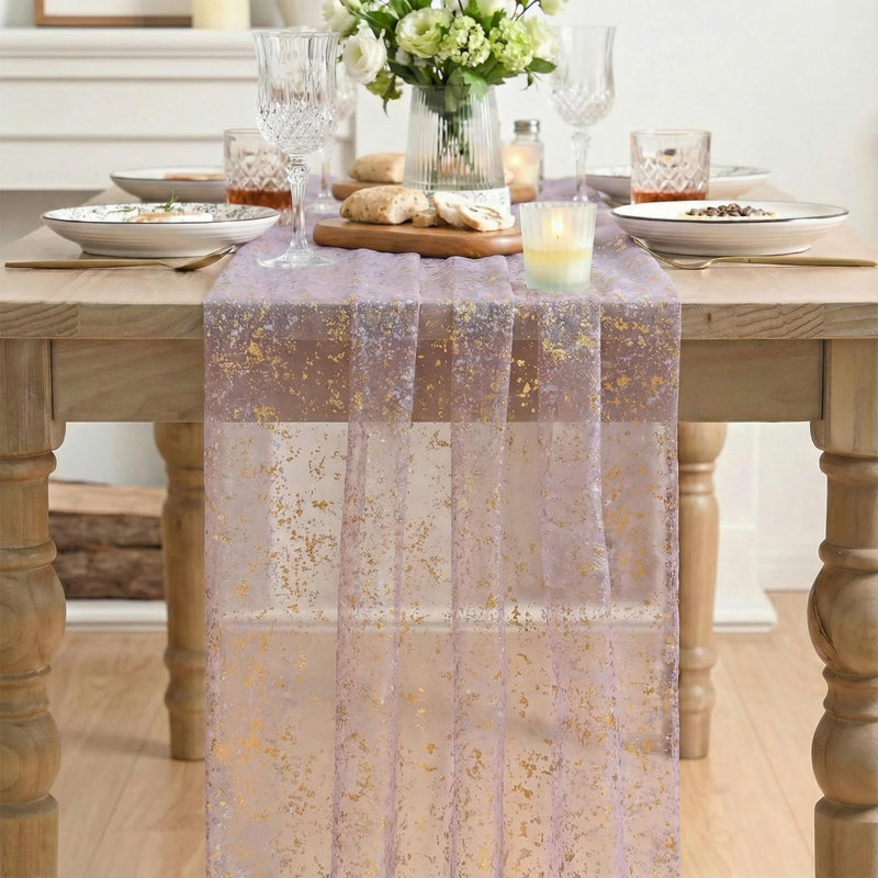 Lot de 10 chemins de table en gaze gris-violet doré de 3 m, à paillettes métalliques transparentes, pour souper, mariage, anniversaire, fêtes et réceptions à la maison.
