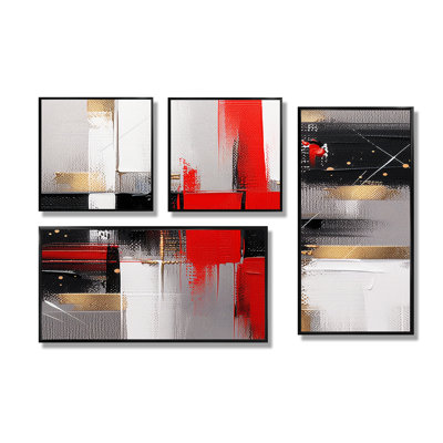 Rouge et or cubique abstrait I - Cubisme abstrait, impressions sur toile 4 pièces