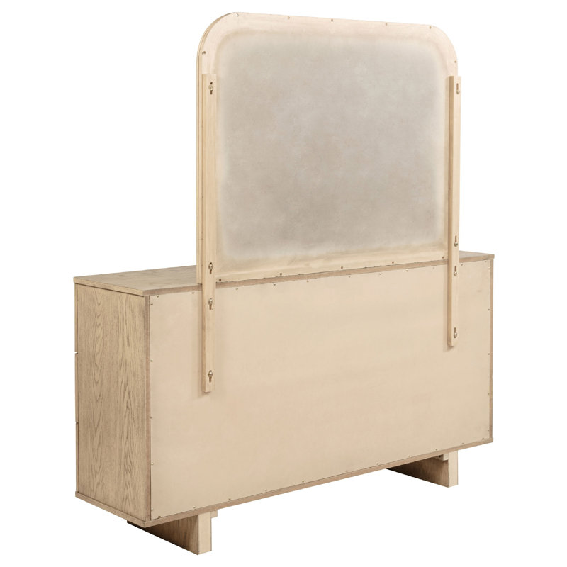 Commode large Lno avec miroir, 9 tiroirs, structure en bois de chêne beige