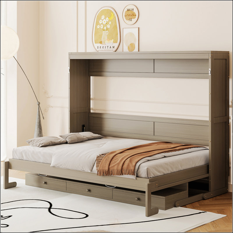 Grand lit escamotable mural avec rangement, Gris