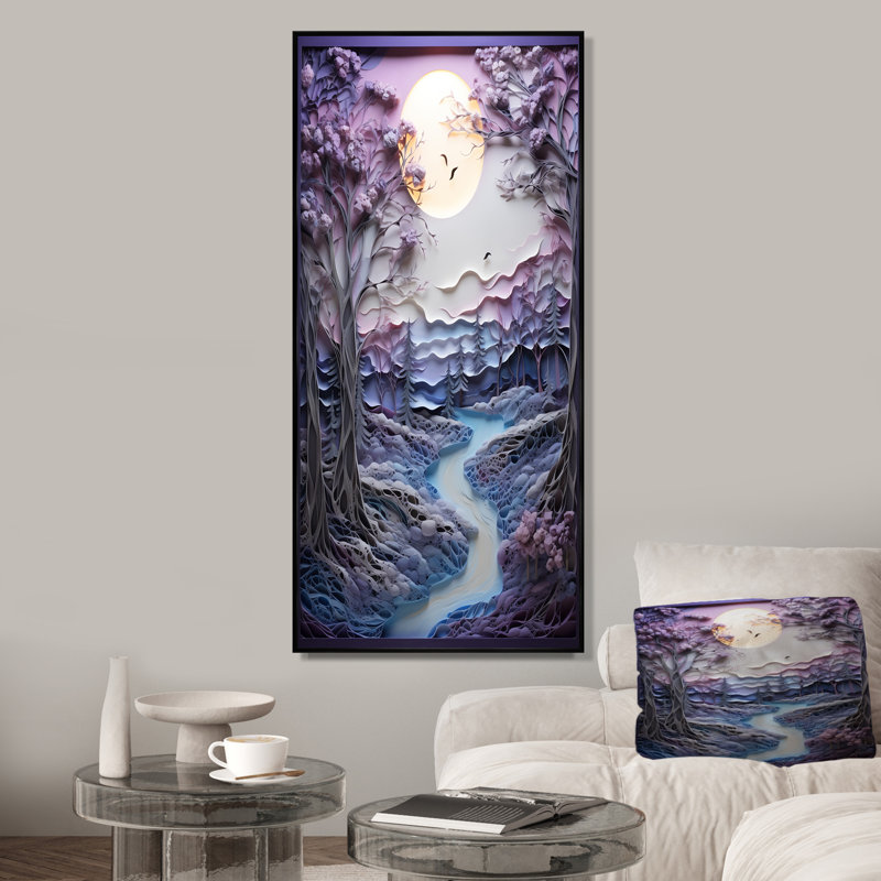«Mauve Winter River Landscape Collage III», art mural paysage d'hiver, Encadrement doré, H 32 po x l 24 po