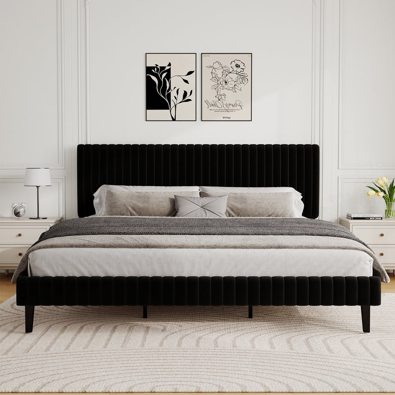 Velvet Upholstered Platform Bed Headboard and footboard with soft-padded vertical channel quilting, King, Black