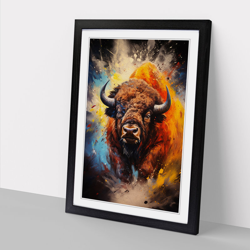 Buffalo Action Painting Art - Framed Print, Black Framed, 64cm H x 46cm W x 2cm D