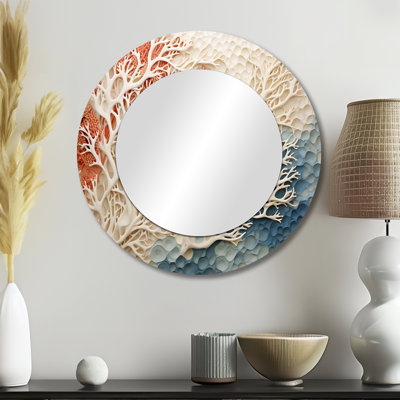 Pink And White Coastal Coral Collage I - Corals Large Wall Mirror, Coastal Round Decorative Mirror, Printed Metal Art