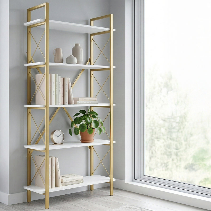 Urban Loft 5-Tier Multi-Purpose Display Etagere Bookcase, White/Gold