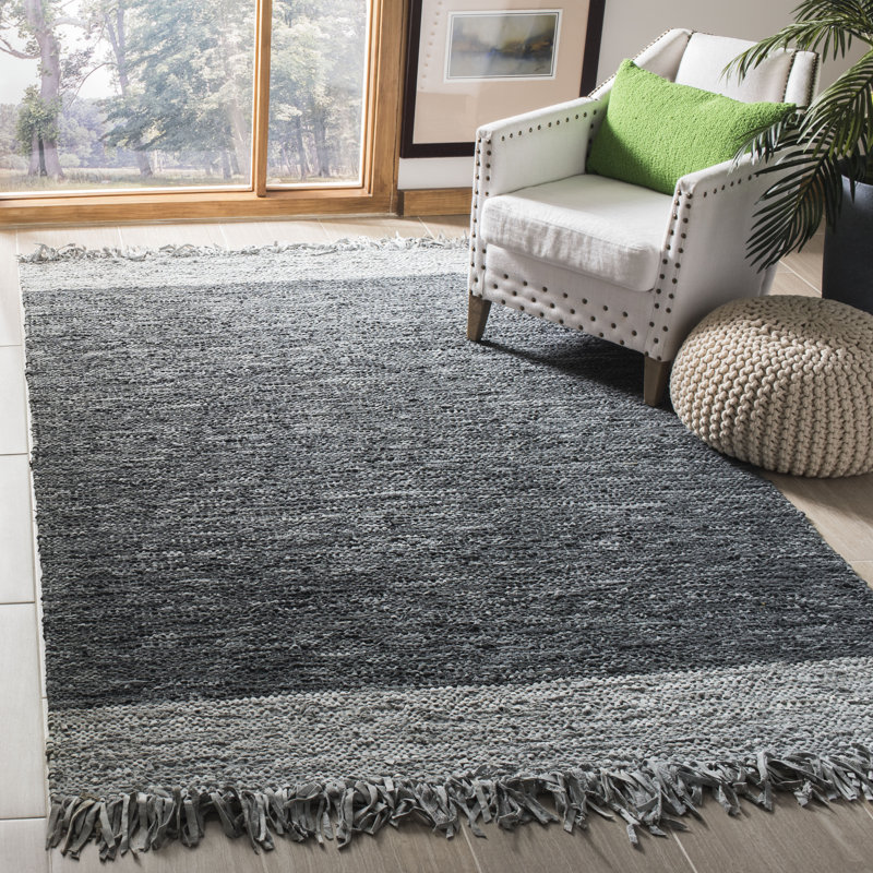 Exley Hand Woven Leather/Cotton Solid Color Rug in Dark Gray, Rectangle 4' x 6'