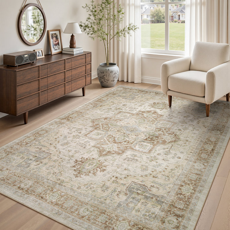 Machine Washable Oriental Floral Beige Area Rug For Living Room, Bedroom, Rectangle 9' x 12'