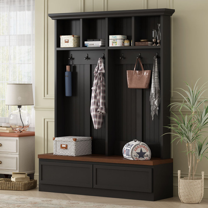 Hall Tree 55.9'' Wide with Bench, Black/Dark Walnut