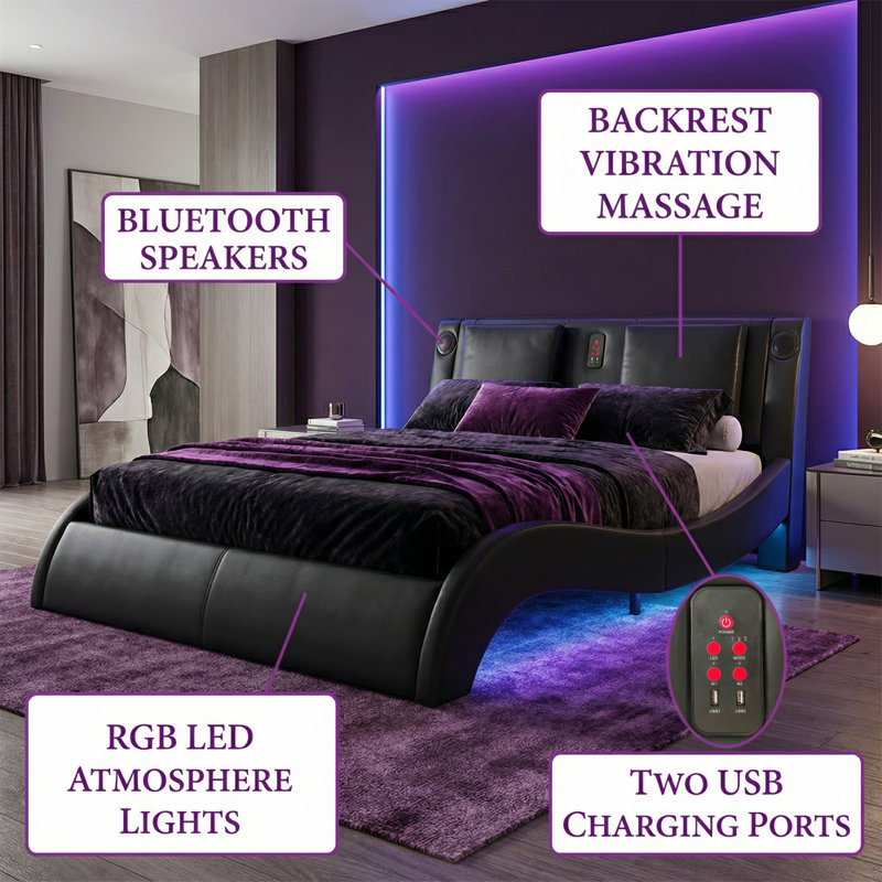 Modular King Size Upholstered Bed with LED Lights, Bluetooth Speakers & Massage Headboard - Adjustable Ambiance & Multi-Function Control