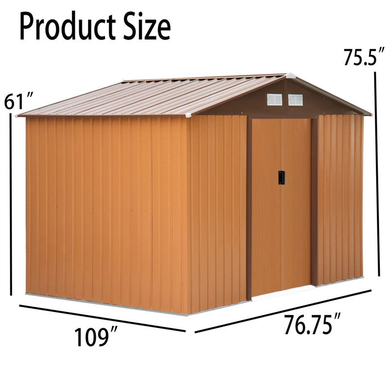 Outdoor Steel Storage Shed, Brown, 75.50" H x 109" W x 76.75" D