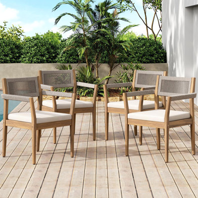 Cieanna Mid-Century Coastal Acacia Wood Outdoor Dining Chair With Rope Back And Cushion