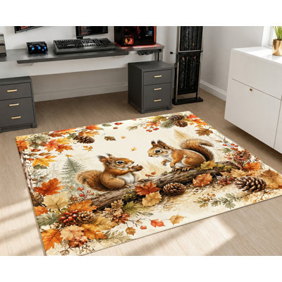 Tapis d'intérieur artistique avec motif d'écureuils et de forêt, feuilles d'automne et pommes de pin, couleurs éclatantes, surface en velours, lavable à la machine et antidérapant. Décor charmant pour le salon, la chambre à coucher, le bureau ou un appartement.