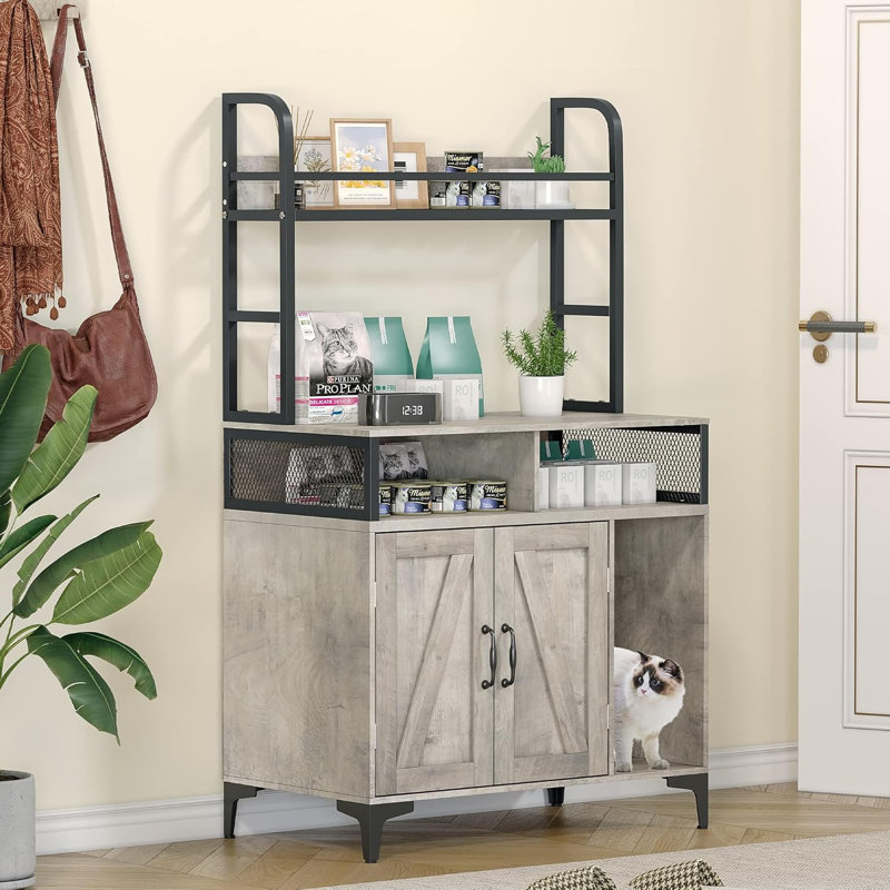 Gray MDF and Iron Cat Litter Box Enclosure with Shelves