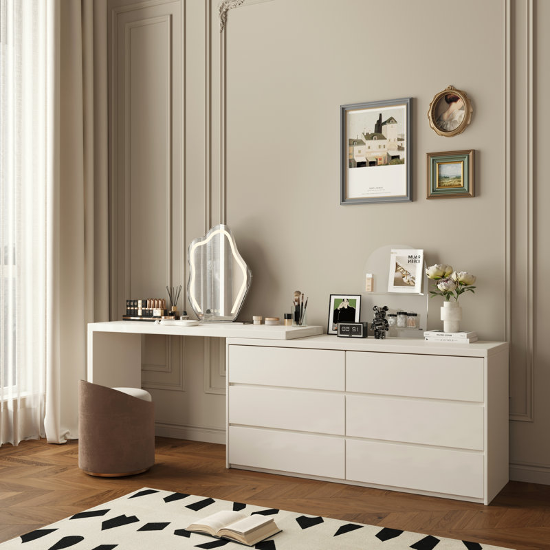 Zohair No Assembly Required Extendable Makeup Table With 6-Drawers, Cream