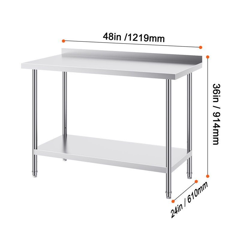 Table de travail en acier inoxydable avec cloison arrière, tablette réglable, H 36 po x l 48 po x P 24 po