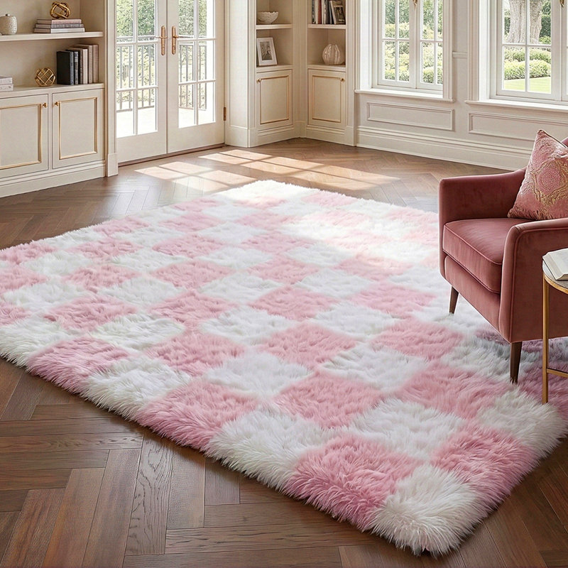 Plush Checkered Shag Area Rug - Soft Fluffy Pink & White Grid Fleece Carpet for Living Room, Bedroom, Dry-Clean Only, High-Pile Shaggy Rug with Modern Checkerboard Pattern, Cozy Non-Slip Floor Decor for Contemporary Home Spaces