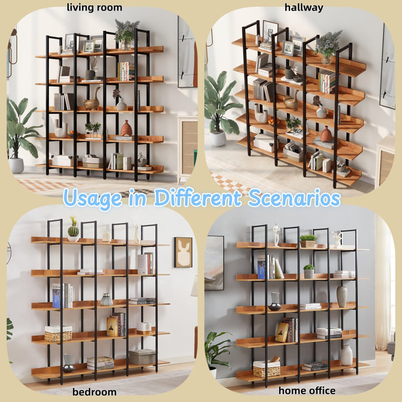 70.87'' H Bookcase With Metal Frame And MDF Board, 5 Tier Bookshelf For Ample Storage(Black Metal Frame And Brown Board)