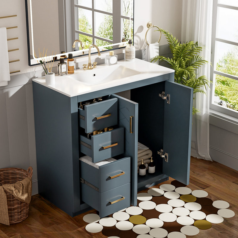 36'' Bathroom Vanity with Ceramic Sink Combo, Freestanding Vanity Set with 3 Drawers& Soft Closing Doors, Blue