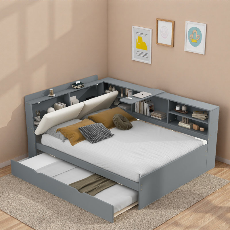 Lit plateforme avec lit gigogne, tablettes de rangement, tête de lit tapissier et plateau de rangement rotatif, Gris