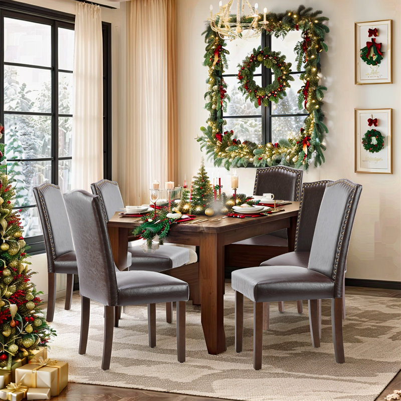 Upholstered Dining Chairs Set Of 6, Modern Leather Dining Room Chair With Nailhead Trim And Wood Legs, Mid-Century Accent For Living Room, Kitchen, Dark Brown