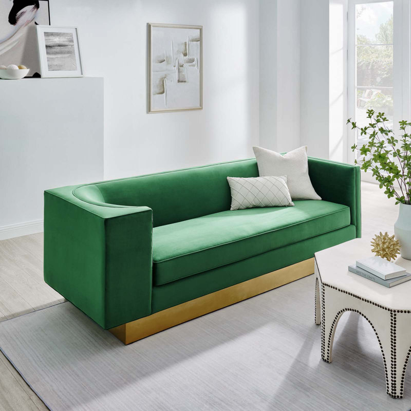 Emerald Green Velvet Sofa with Gold Base and Track Arms