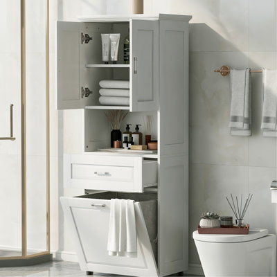 Tall White Bathroom Cabinet - , With Toppling And Basket Storage In Material, Ample Laundry