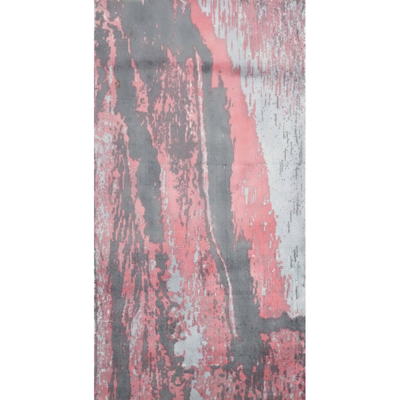 Tapis moderne abstrait 2 x 4 avec motif coup de pinceau rose