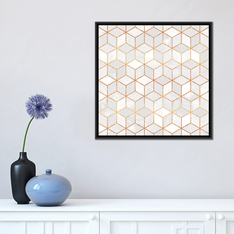 Cubes blancs, impression sur toile tendue, H 18 po x l 18 po x P 1,5 po, Toile encadrée noire, Pas de tapis