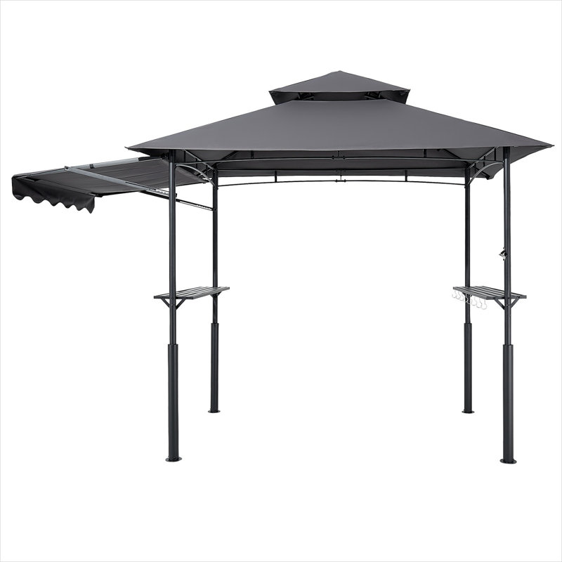 Grill Gazebo, 8 x 5 ft Double-Tiered Top, Reinforced BBQ Gazebo with Extra Awning, Powder-Coated Steel Patio Grill Shelter with 2 Side Shelves & Hooks, Outdoor Grilling Canopy for Garden
