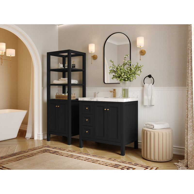 Nashville X P 22 po Meuble-lavabo central D, Noir / or brossé, Quartz Palissandro