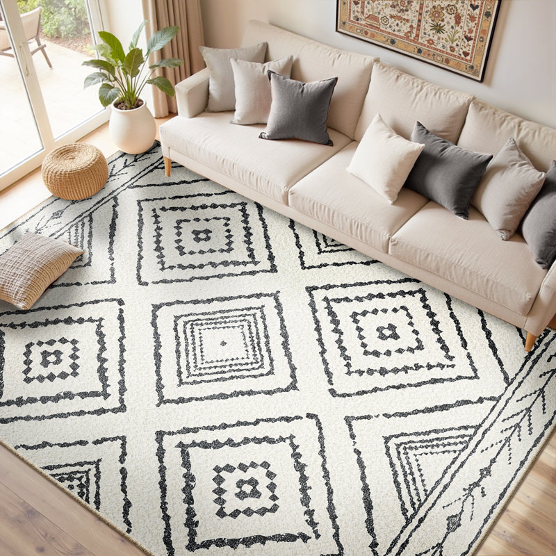 Machine Washable Non Slip Western Area Rugs for Living Room Bedroom Dining Room, Rectangle 6' x 9', Navy/White/Black