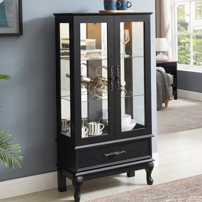 Vitrine lumineuse avec portes vitrées et tablettes réglables Vitrine vitrée 2 portes avec lumières DEL Finition et tiroir noir pour la décoration intérieure et le rangement