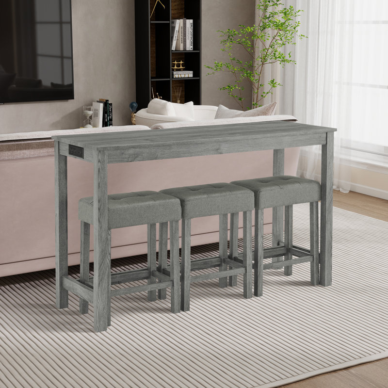 Ensemble de table de salle à manger à 4 pieds pour 3 personnes avec tabourets capitonnés, Gris, Gris