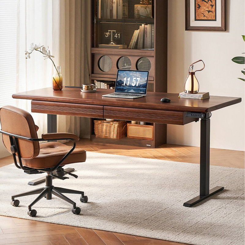 Bureau rectangulaire en noyer massif avec 2 tiroirs, 27.95"H×59.06"L×29.53"W