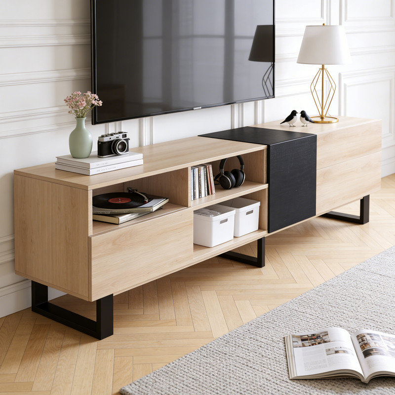 Meuble télé 80 po avec porte rabattable et rangement double, console multimédia pour salon et cinéma maison, Bois naturel