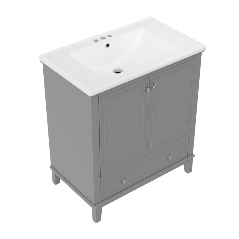Ensemble de meuble-lavabo avec lavabo, armoire de salle de bain multifonctionnelle avec portes et tiroir, structure solide et panneau de fibres à densité moyenne