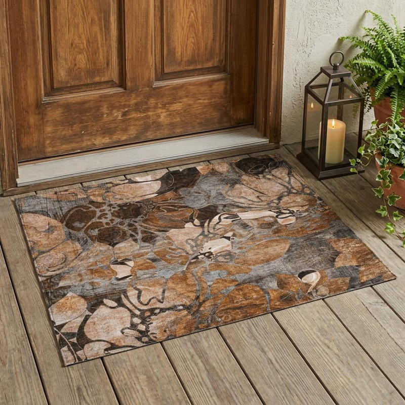 3' X 5' Chocolate Terracotta and Ivory Floral Washable Non Skid Indoor Outdoor Area Rug
