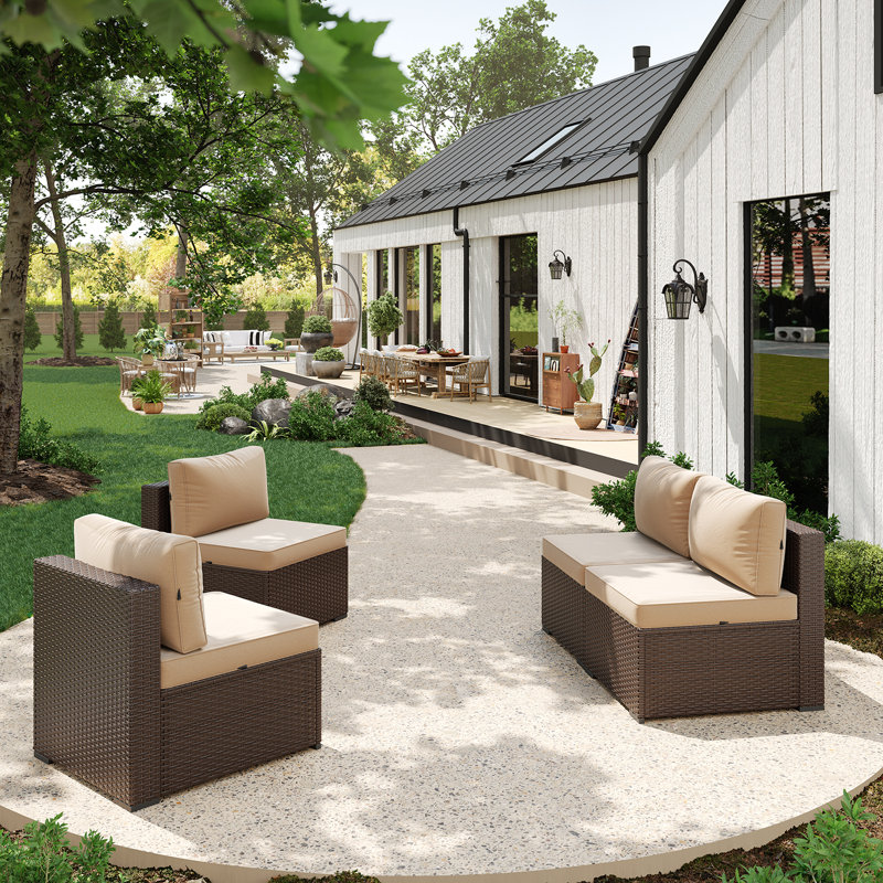 4 -Person Rattan Patio Safo With Cushions, Beige, Black