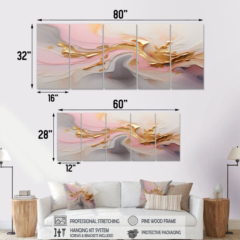Tourbillon tourbillonnant d'or glamour - art mural abstrait 5 pièces, H 32 po x l 80 po
