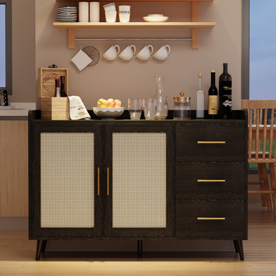 47.12" W Coffee Bar Wine Cabinet With 14-Grid Wine Rack, 3 Drawers, & Woven Rattan Doors by Bay Isle Home